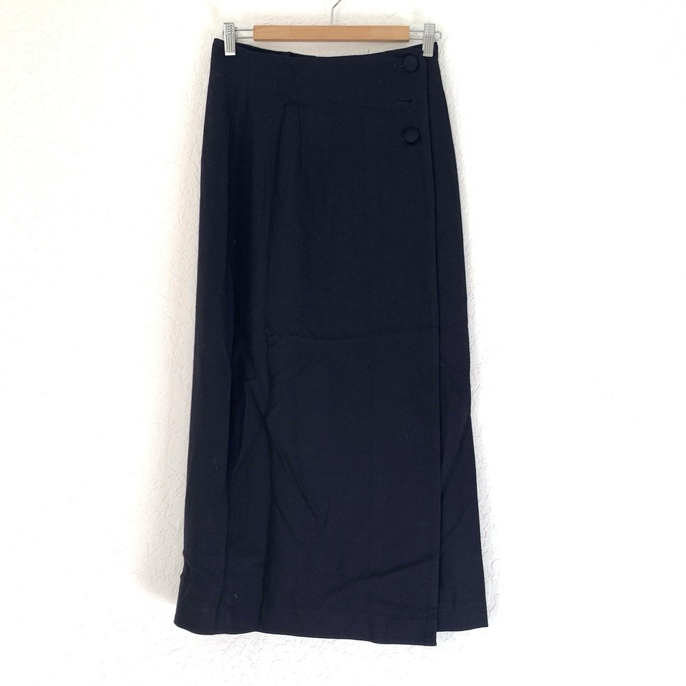 Vintage Express Wrap Midi Skirt Women 3/4 Black Wool Blend Old Money Luxury Work